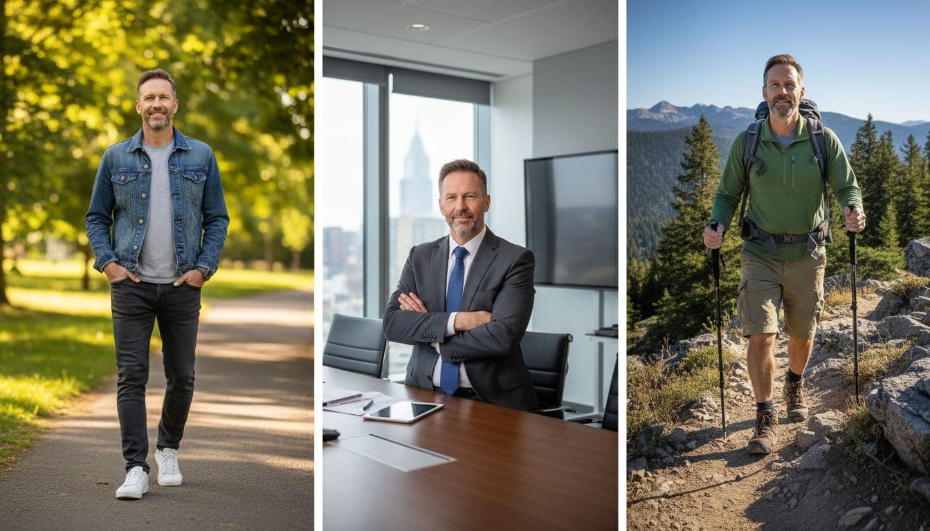 Three realistic side-by-side images of the same middle-aged man: casual park walk, business meeting pose, and hiking on a trail, showcasing identical face and build with natural lighting and sharp details.