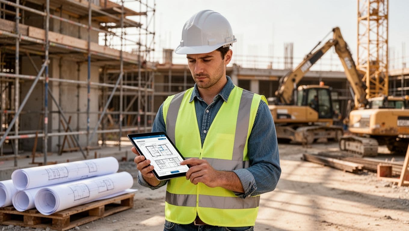 Construction engineer in hard hat reviewing digital proposal on tablet at sunny construction site with blueprints and equipment in background. Realistic style, one person holding tablet naturally, no text, no logos.