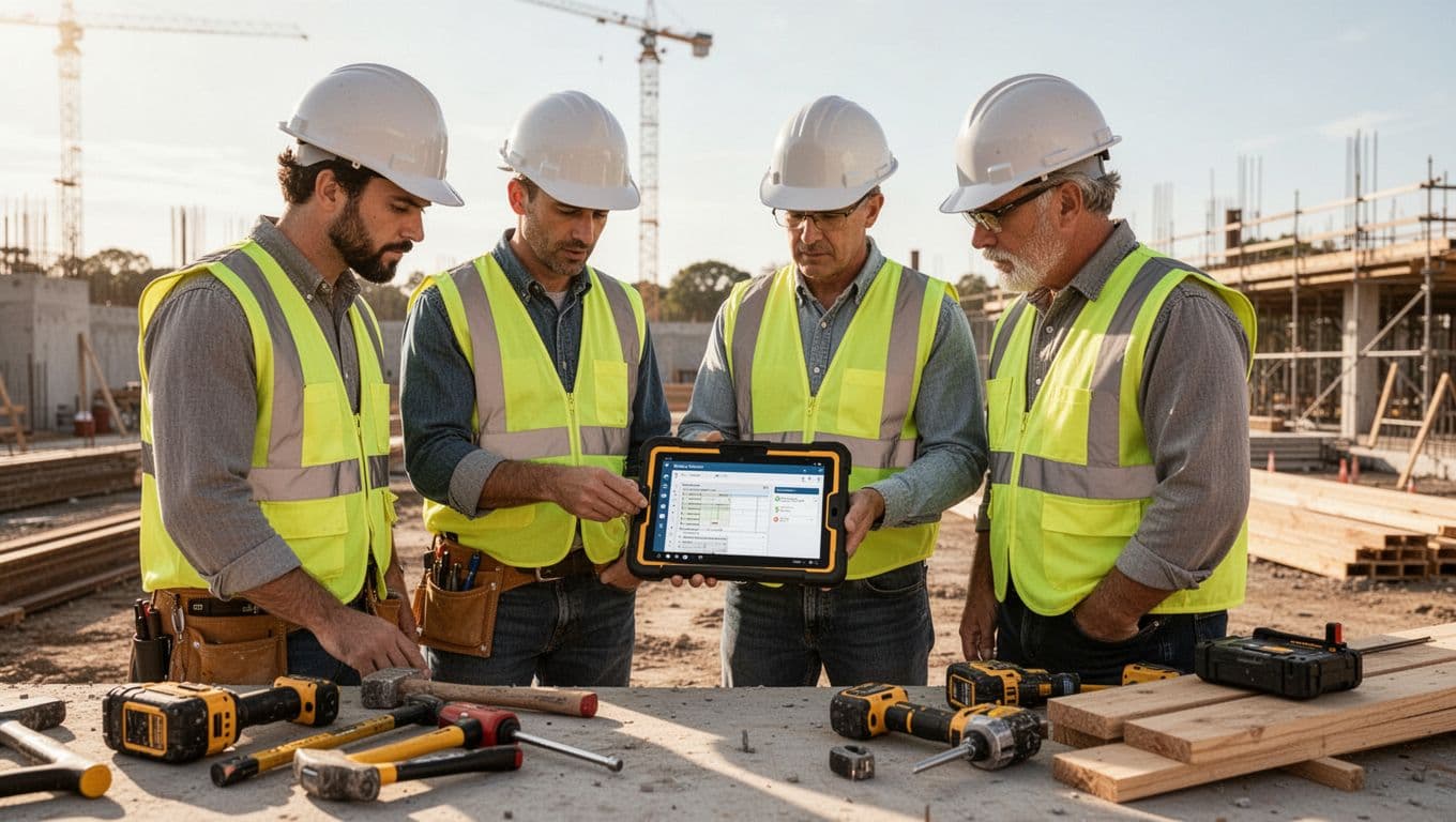 Four construction field leaders gathered around a rugged tablet on a sunny jobsite, reviewing project management software during a focused training session with tools nearby.