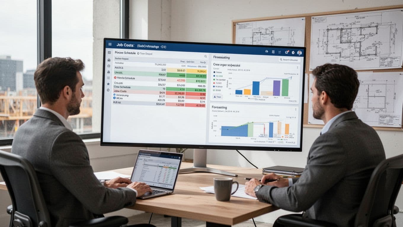A project manager in a modern construction office views a custom dashboard on a large monitor displaying job costs, crew schedules, and forecasting charts for multiple jobs, with a coffee mug and laptop nearby, blueprints on the wall, and bright window lighting.