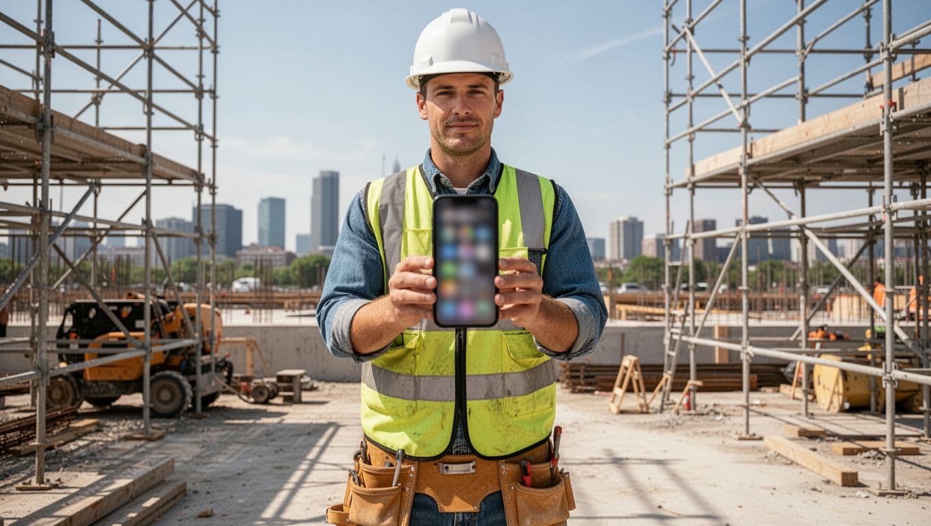 A construction worker wearing a hard hat, safety vest, and work boots stands relaxed on an outdoor jobsite amid scaffolding and equipment under a clear sky. He holds a smartphone in both hands with the screen angled away, displaying a blurred app interface for real-time updates, photos, and punch lists.