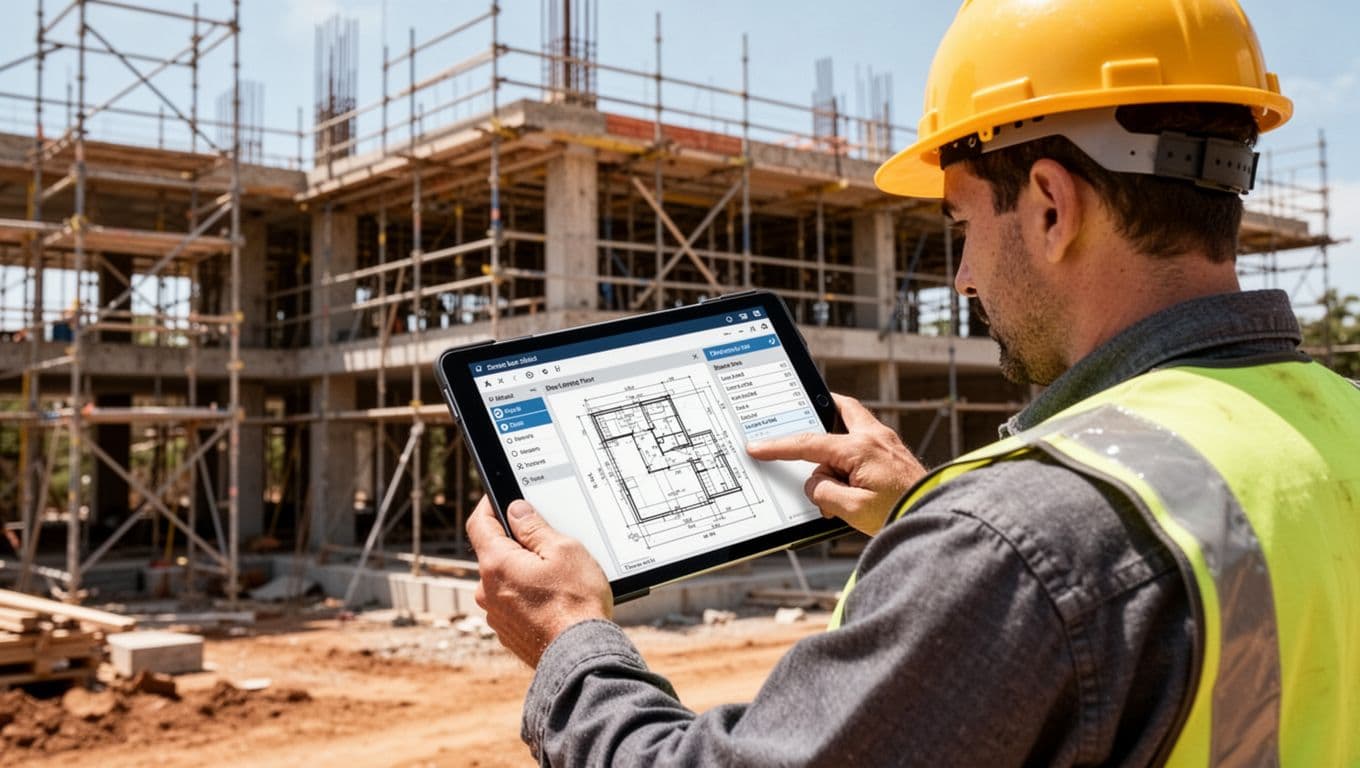 A construction worker in a hard hat uses a tablet to review blueprints on a building site with scaffolding in the background.