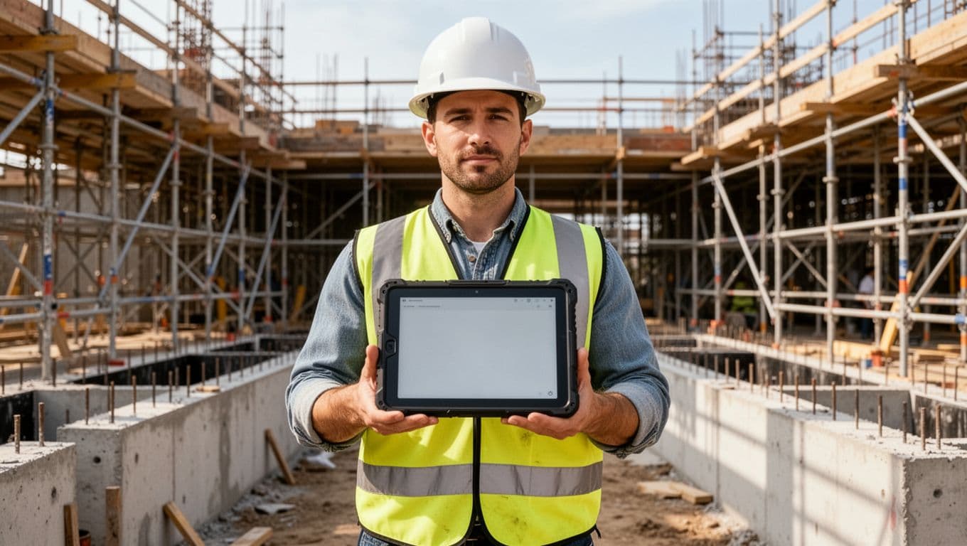 A construction worker wearing a hard hat and safety vest stands on a busy job site near scaffolding and concrete forms, holding a rugged tablet angled to show a faint dashboard interface for cost management, captured in natural midday sunlight with realistic photo style.