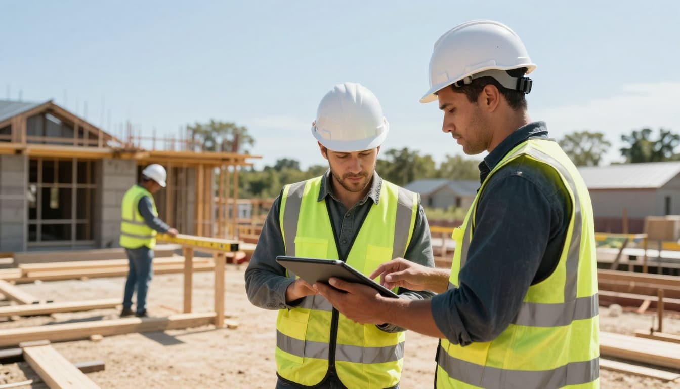 Two construction workers on a sunny residential building site: one holds a tablet at waist level checking the schedule, the other measures wood in the background, realistic photo in natural daylight.