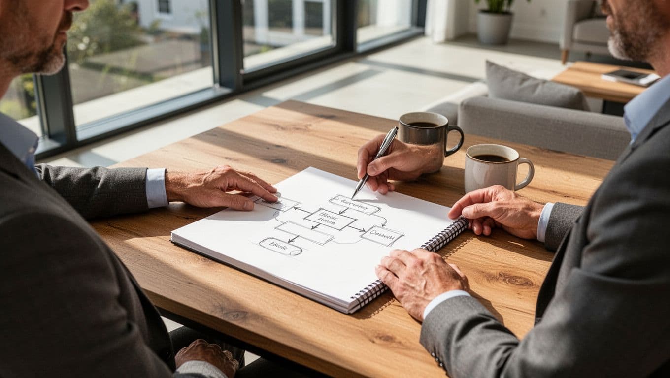 A solo consultant sits relaxed at a wooden desk in a bright modern home office, sketching a simple flowchart of a client project workflow from intake to invoicing on a notepad with pen in hand, coffee mug nearby, natural daylight from window.