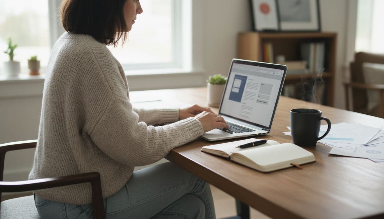 A content marketer types on a laptop in a bright home office workspace, with a notebook and coffee mug beside, screen vaguely showing a blog post outline, under soft natural light.