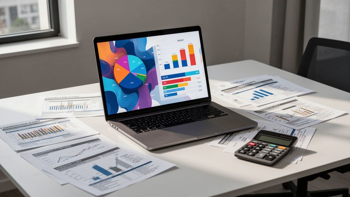 Modern office desk with laptop displaying abstract colorful budget charts, graphs, and progress bars at a slight angle, scattered construction cost reports and calculator nearby, soft window lighting, realistic photography, clean composition.