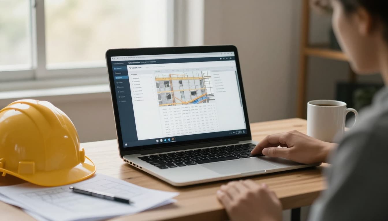 Photorealistic cozy small business office desk with open laptop showing blurred construction project dashboard at an angle, scattered blueprints, hard hat, coffee mug, relaxed hand on desk edge, warm natural window light.