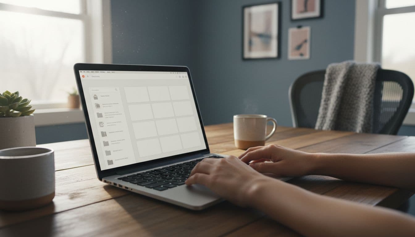 Realistic photo of a cozy home office with a single laptop open to a simple Linux note-taking app interface featuring search bar and notebooks sidebar, hands resting on keyboard under natural window light.