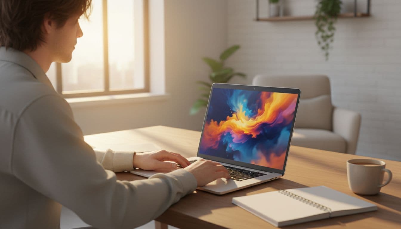 Exactly one young creative professional at a modern desk in a sunlit home office, laptop open with blurred abstract colorful digital artwork on screen, hands relaxed near keyboard, notebook and coffee mug on desk, warm natural lighting, focused atmosphere.