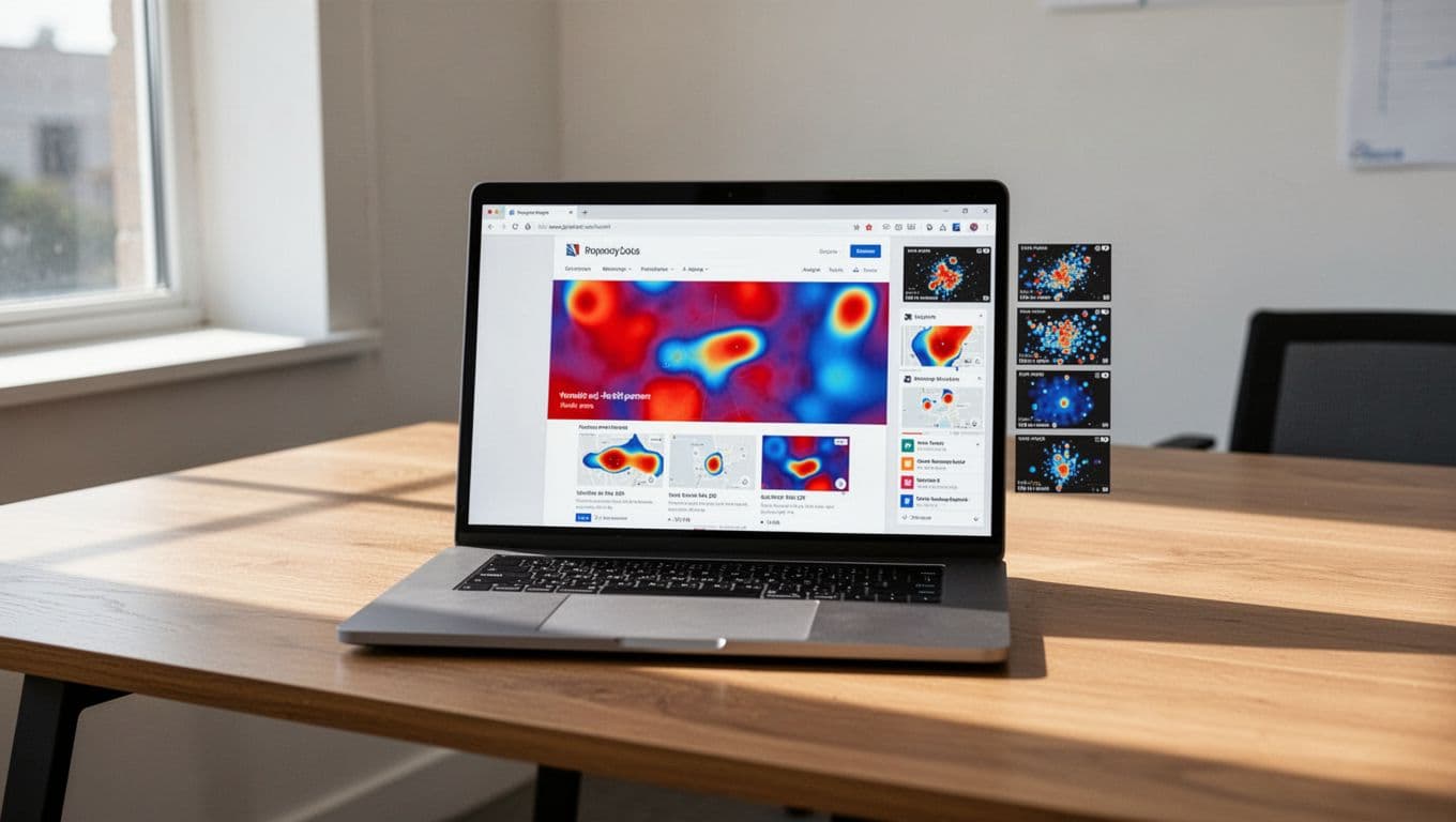Clean laptop screen on modern wooden desk in bright office displaying conversion rate optimization dashboard with colorful red-blue heatmaps on e-commerce site showing click patterns and session replay thumbnails, natural daylight.