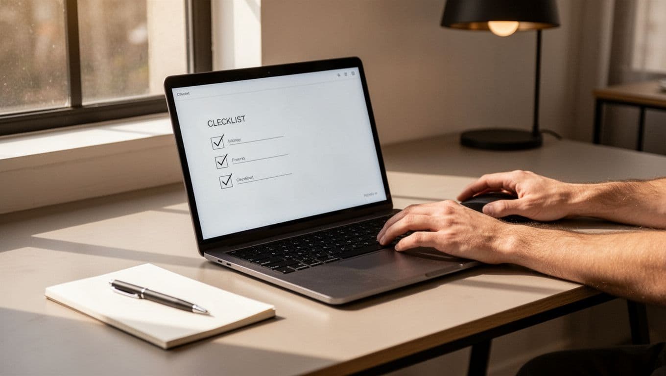 Laptop on a clean desk displaying a simple checklist interface for CRO tool setup with marked steps like sign up and add code, notepad with pen nearby, cozy modern workspace with natural daylight from window, one hand resting on mouse.