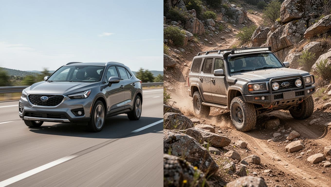 Side-by-side split composition: modern crossover SUV driving on paved highway left, rugged traditional SUV climbing rocky off-road trail right. Realistic daylight photography with high vehicle detail, no people or logos.