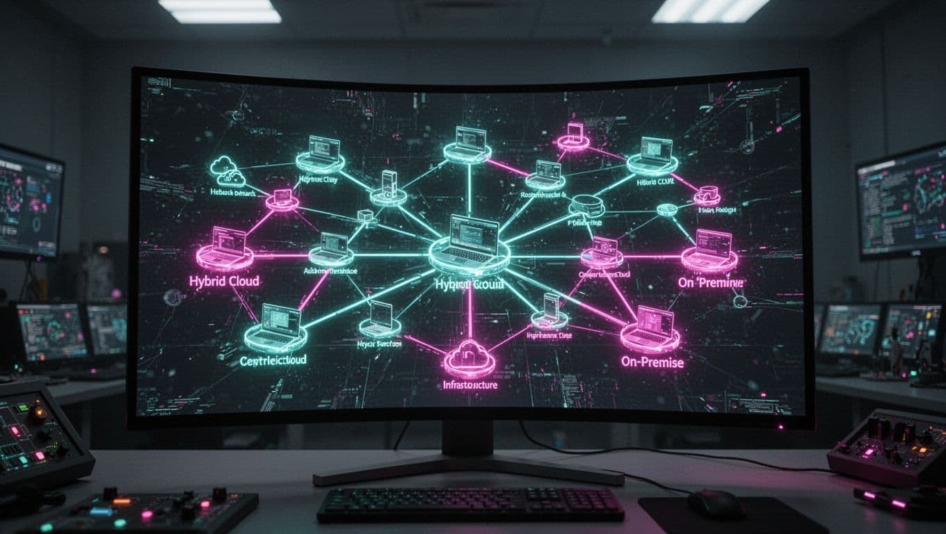 A detailed network map on a large curved monitor displays connected computers as glowing neon nodes with software icons linked across hybrid cloud and on-prem setups in a dim control room. Cyberpunk realistic style emphasizes full IT visibility and auto-discovery features.