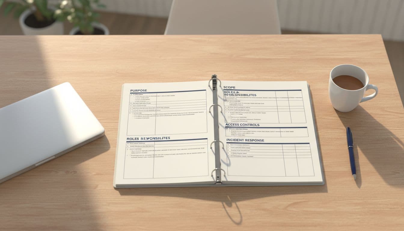 Top-down realistic photo of a clean wooden desk in a bright office with an open binder displaying structured pages for key cybersecurity policy sections like purpose, scope, roles, access controls, and incident response; includes closed laptop, coffee mug, and pen; warm natural light, no people or text.