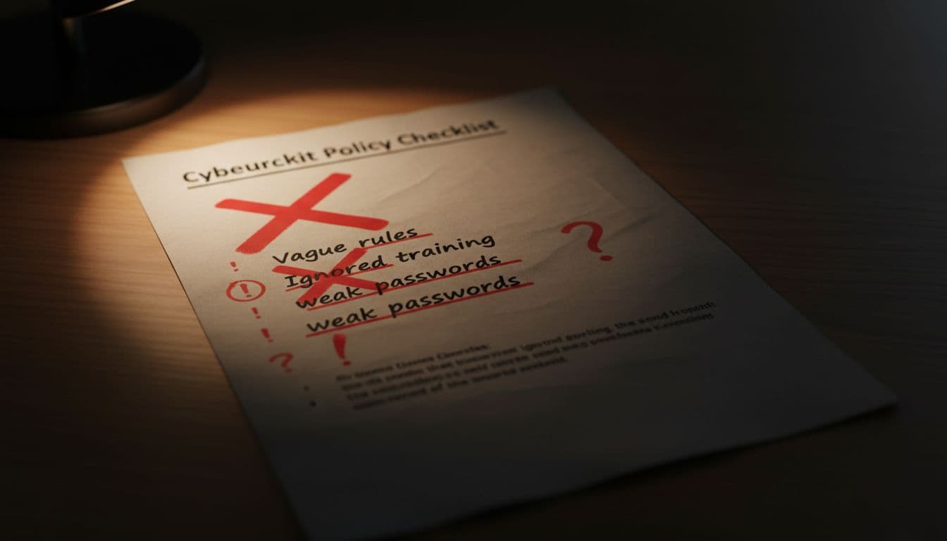 Closeup of a cybersecurity policy checklist with red warning signs and crossed-out errors like vague rules, ignored training, and weak passwords, lit by dim office lamp with dramatic shadows.
