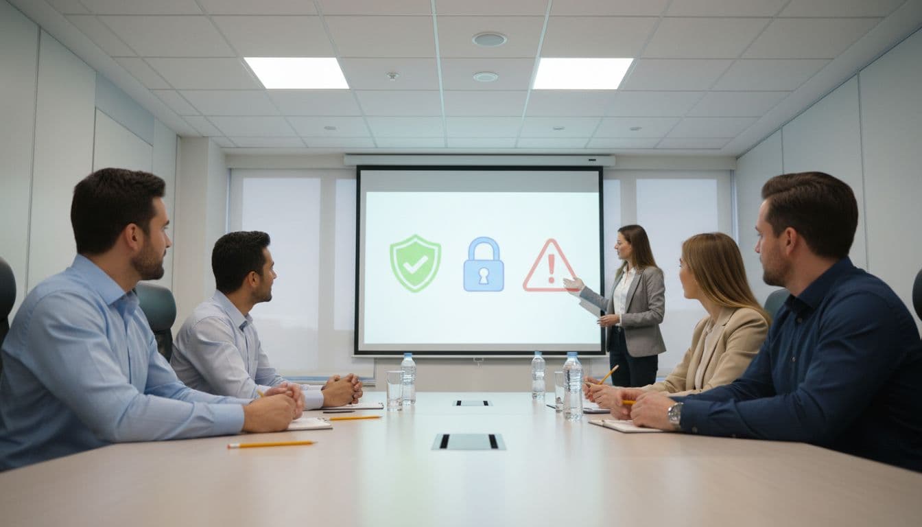 In a bright conference room, an instructor gestures to a projector screen displaying simple security icons while four engaged employees sit attentively with hands in laps during a cybersecurity policy rollout training.