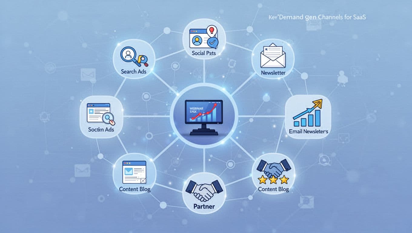 Variety of digital marketing channels icons stylized as connected nodes in a network, featuring search ads, social posts, email newsletters, webinar stage, SEO graph, content blog, review stars, and partner handshake in soft glowing blue tones with clean vector illustration style.