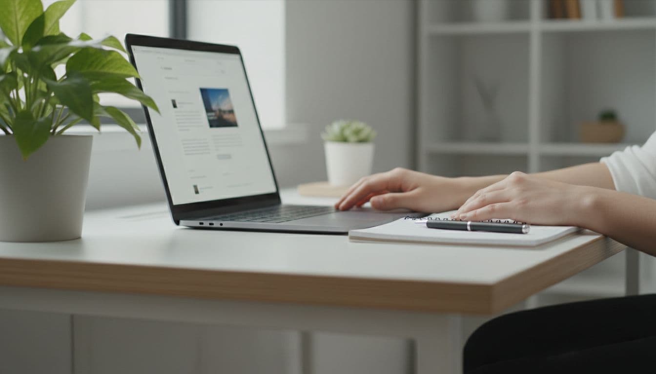 A designer sits at a bright workspace desk, customizing a blurred homepage layout on a laptop screen by adding text blocks and images, surrounded by plants and a notepad, captured in a realistic side-view photo with natural overhead lighting.