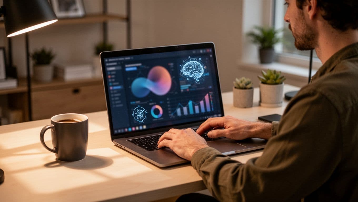 A single developer works relaxed at a modern home office desk, integrating AI agents into a SaaS application. The laptop screen shows a blurred dashboard with predictive patterns and personalization icons, a coffee mug nearby, captured in realistic photography with warm ambient light.