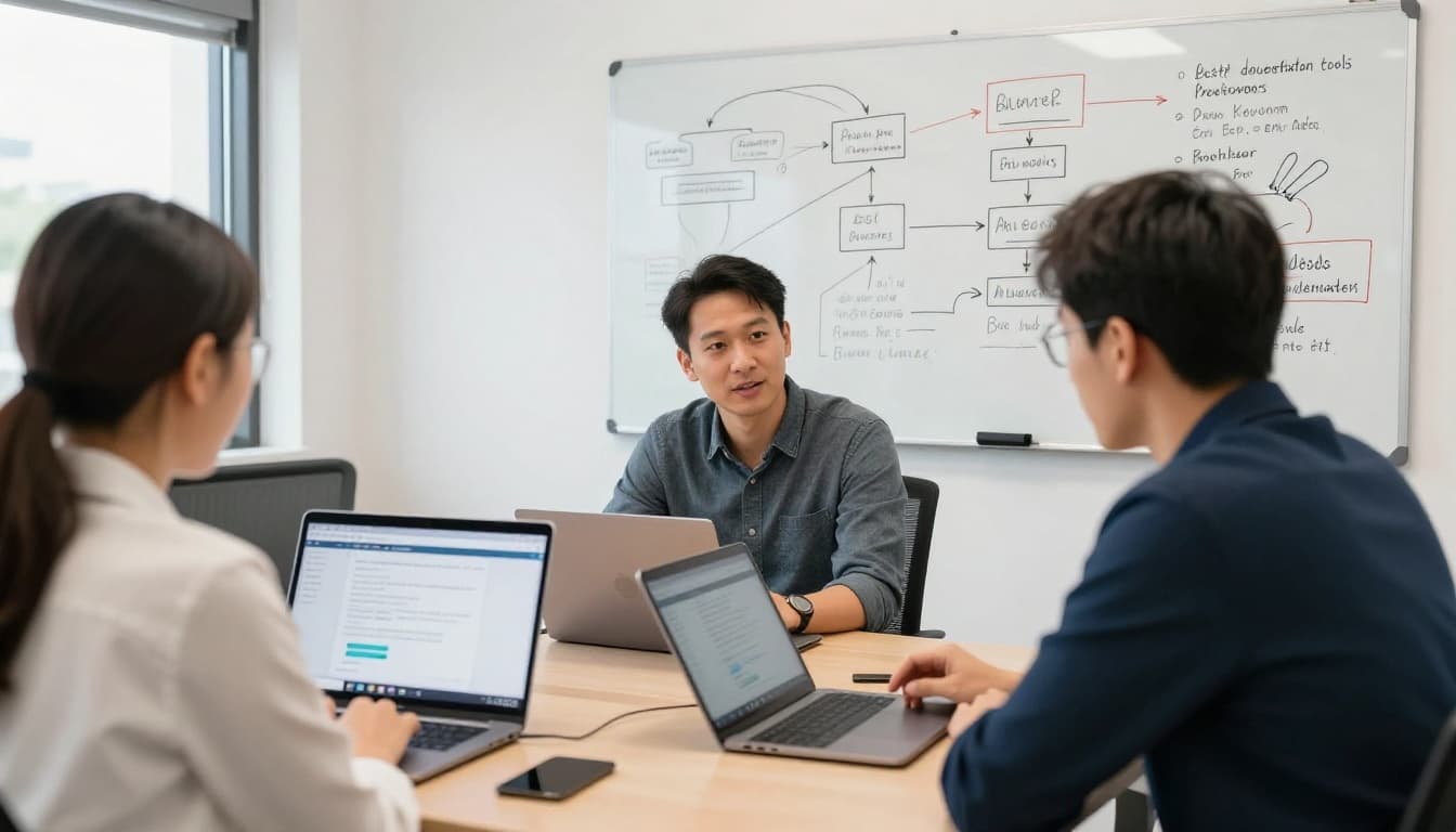 Three developers in a bright meeting room discuss API tools using two laptops, one tablet, and whiteboard sketches of API flows, capturing a collaborative atmosphere in realistic style.