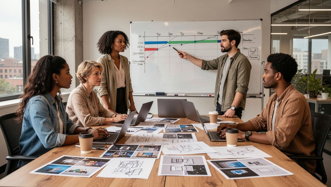 Four diverse professionals from a creative agency collaborate around a conference table in a modern open office, surrounded by mood boards, sketches, laptops, and coffee cups, with one pointing to a timeline chart on a whiteboard.