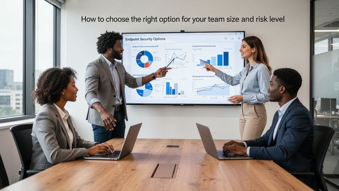 Three diverse IT professionals in a modern conference room collaborate relaxedly on endpoint security, pointing at charts on a shared wall screen and two laptops. Bright office with natural lighting, professional attire, high detail realistic photo.
