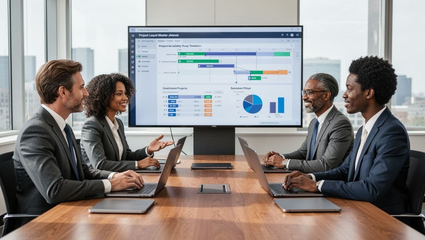 Three diverse lawyers in business attire collaborate around a conference table in a professional room, viewing a shared screen displaying project timelines and progress charts. Bright natural light fills the space with closed laptops on the table.