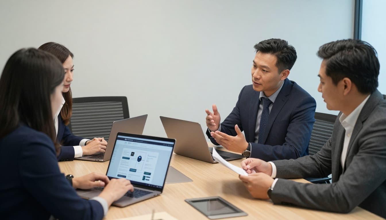 Three diverse lawyers collaborate in a professional conference room, discussing website plans around a table with a laptop showing a site map under soft lighting.
