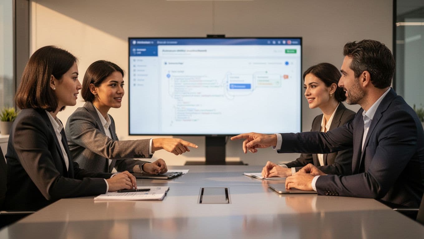 A business analyst, manual tester, and product manager gathered around a conference table in a modern office, collaboratively reviewing a shared codeless test automation dashboard on a large monitor with warm lighting.