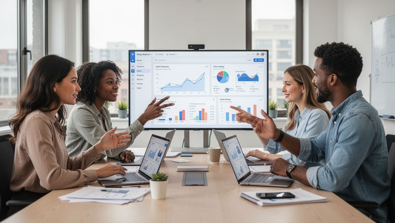 A diverse team of three product professionals (two women, one man) in a bright conference room, gathered around a table with laptops displaying analytics dashboards, discussing charts on a shared screen in a collaborative atmosphere.