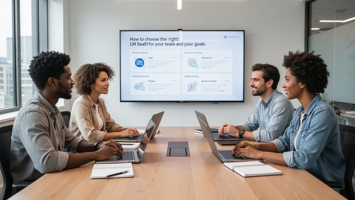 A diverse team of four SaaS professionals in a modern conference room gathers around a table with laptops and notebooks, evaluating LMS platforms on screen in a relaxed discussion under bright window light.