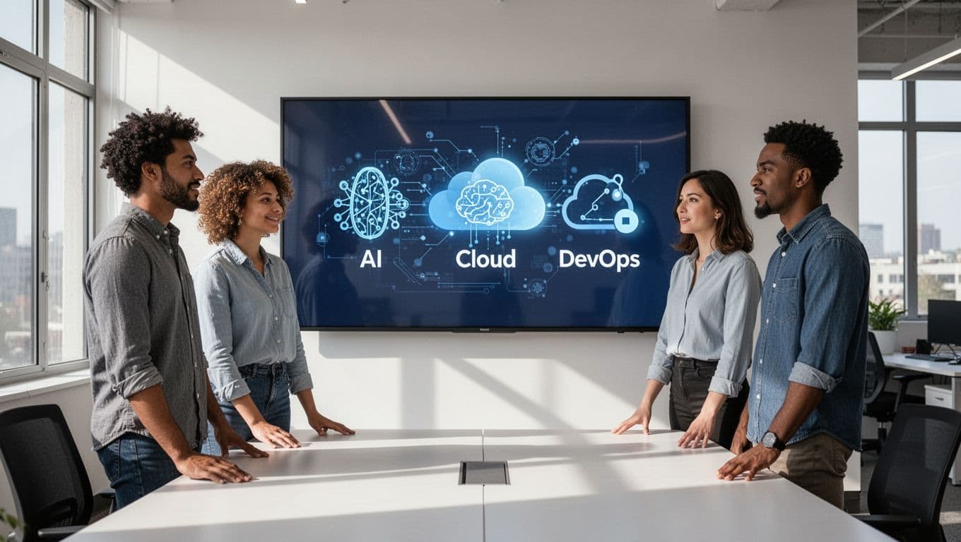 A diverse team of three software professionals in a bright modern open-plan office gathers around a wall-mounted screen displaying icons for AI self-healing, natural language tests, cloud integrations, and DevOps pipelines in codeless automation testing.