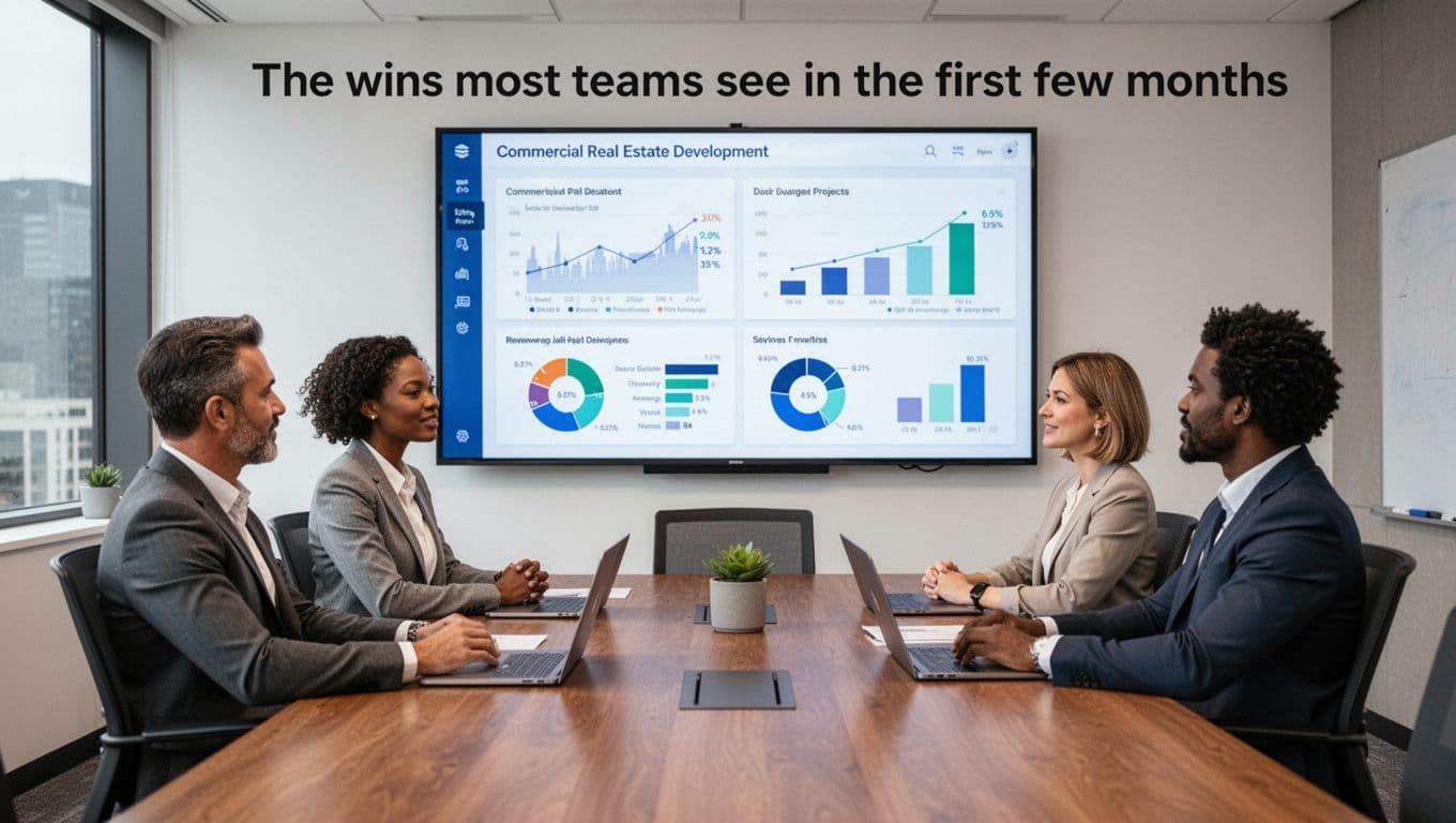 A diverse team of three in a conference room collaboratively discusses a project dashboard on a wall screen showing progress charts for commercial real estate development, with relaxed poses and realistic corporate lighting.