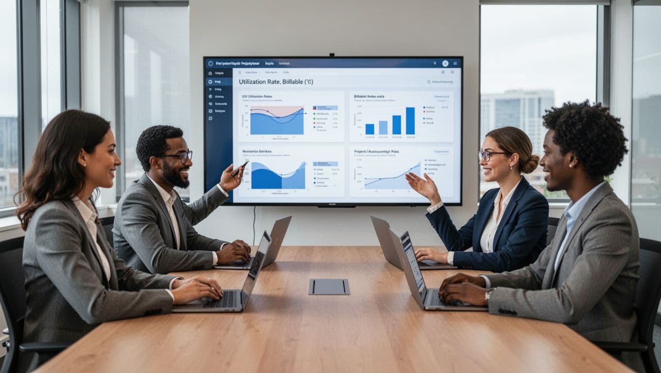 A team of four diverse professionals in a modern conference room collaboratively reviews project reports on a shared screen and laptops, displaying charts of utilization rates and billable hours in a realistic photo style.