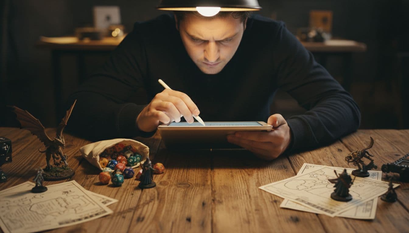 A focused player at a wooden gaming table cluttered with polyhedral dice, miniature figures, and character sheets, rapidly typing on a tablet held in one hand under warm overhead lighting. Realistic photograph from shoulders up, emphasizing quick note-taking during an active D&D session.