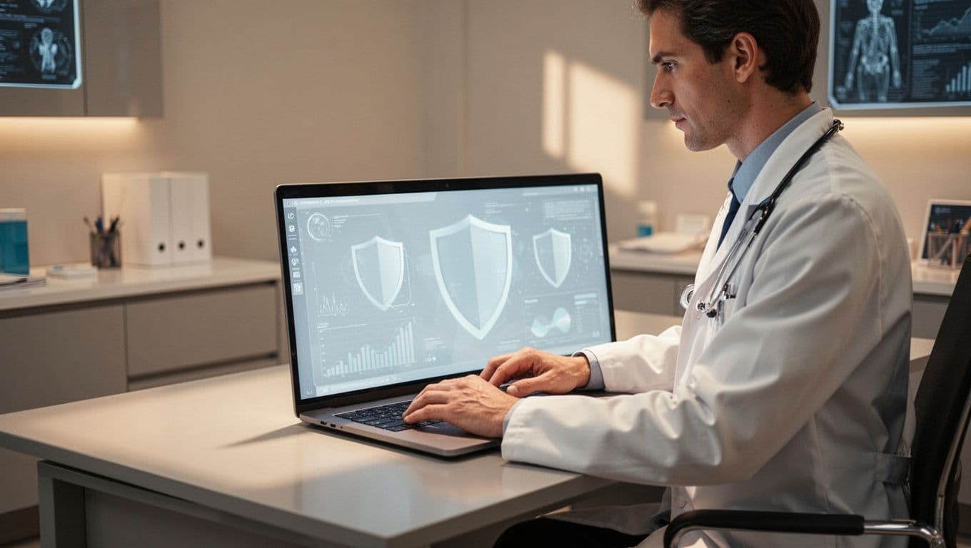 A doctor in a modern clinic office sits at a desk with a laptop displaying an abstract website dashboard featuring security shield icons, focused composition on the professional and device under warm lighting.