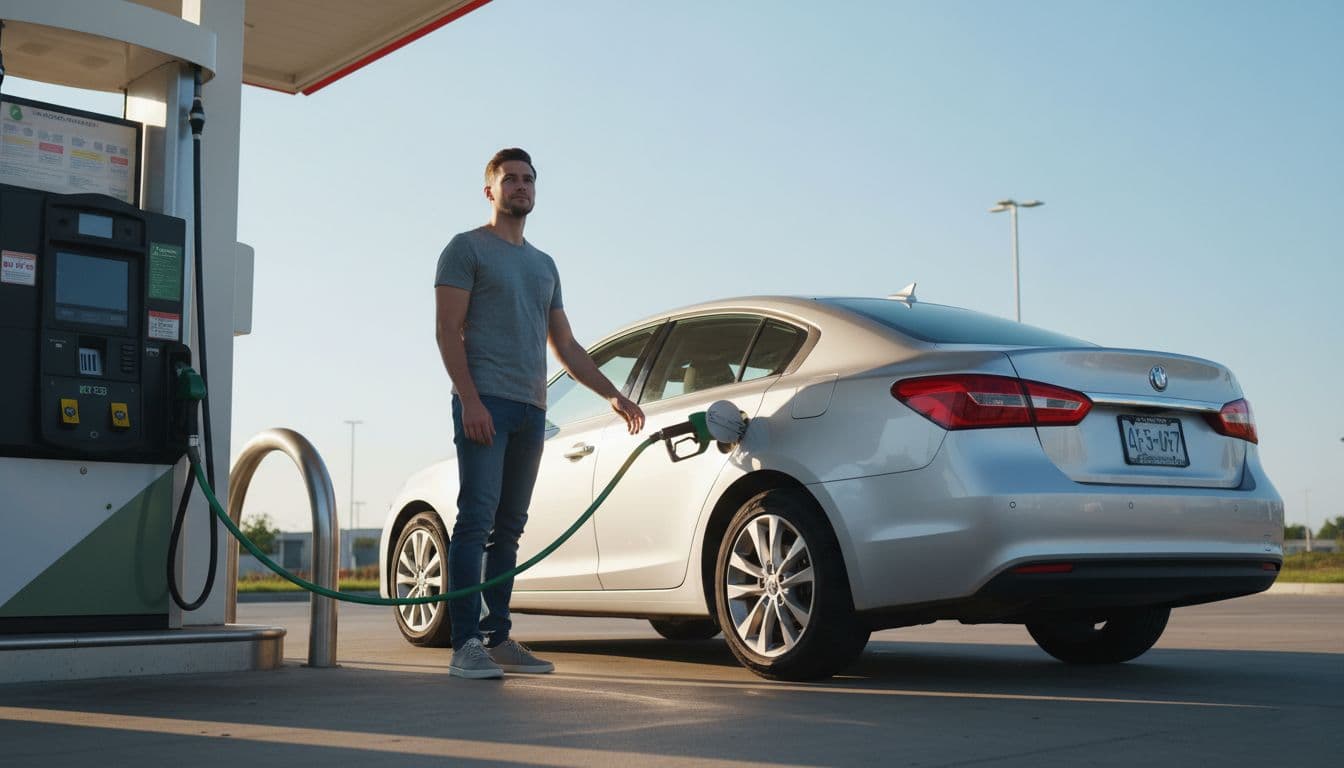 Everyday scene of a driver filling up a mid-size gas sedan at a standard gas station pump, relaxed pose, modern car, sunny afternoon, natural lighting, focus on simplicity.