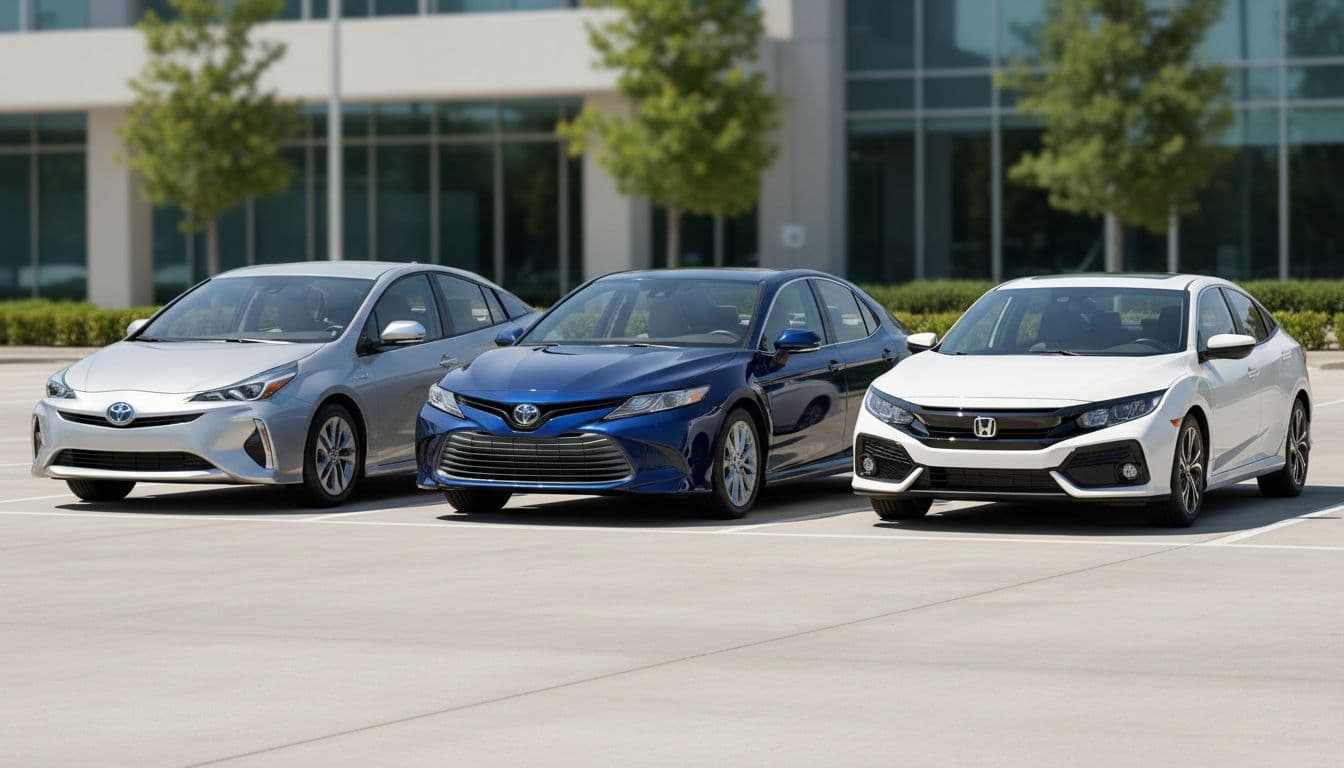Modern hybrid sedans Toyota Prius, Camry Hybrid, and Honda Civic Hybrid parked side by side in a sunny parking lot, front three-quarter view, realistic photograph style with bright natural daylight and clean composition.