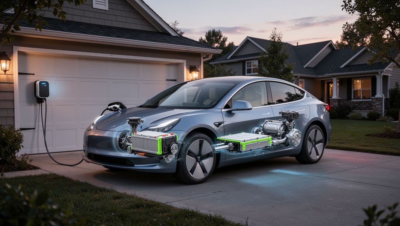 Photorealistic front three-quarter view of an electric vehicle parked in a serene suburban driveway at dusk, charging via wall-mounted cable, with a cutaway revealing the smooth electric motor and implied large battery.