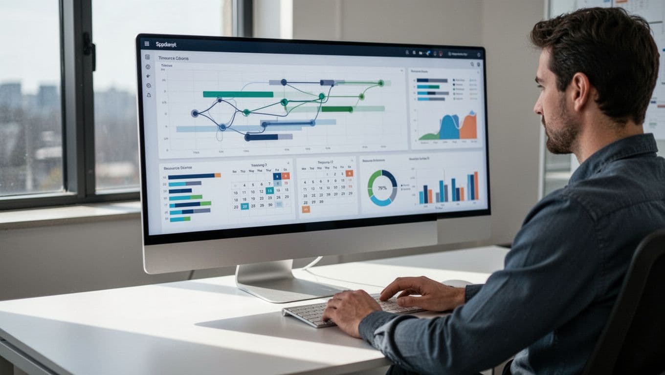 Modern engineering project management dashboard on a large computer monitor in an office, displaying Gantt chart with task dependencies, workload calendar, progress bars, and resource allocation graphs. One engineer reviews it closely in natural daylight.