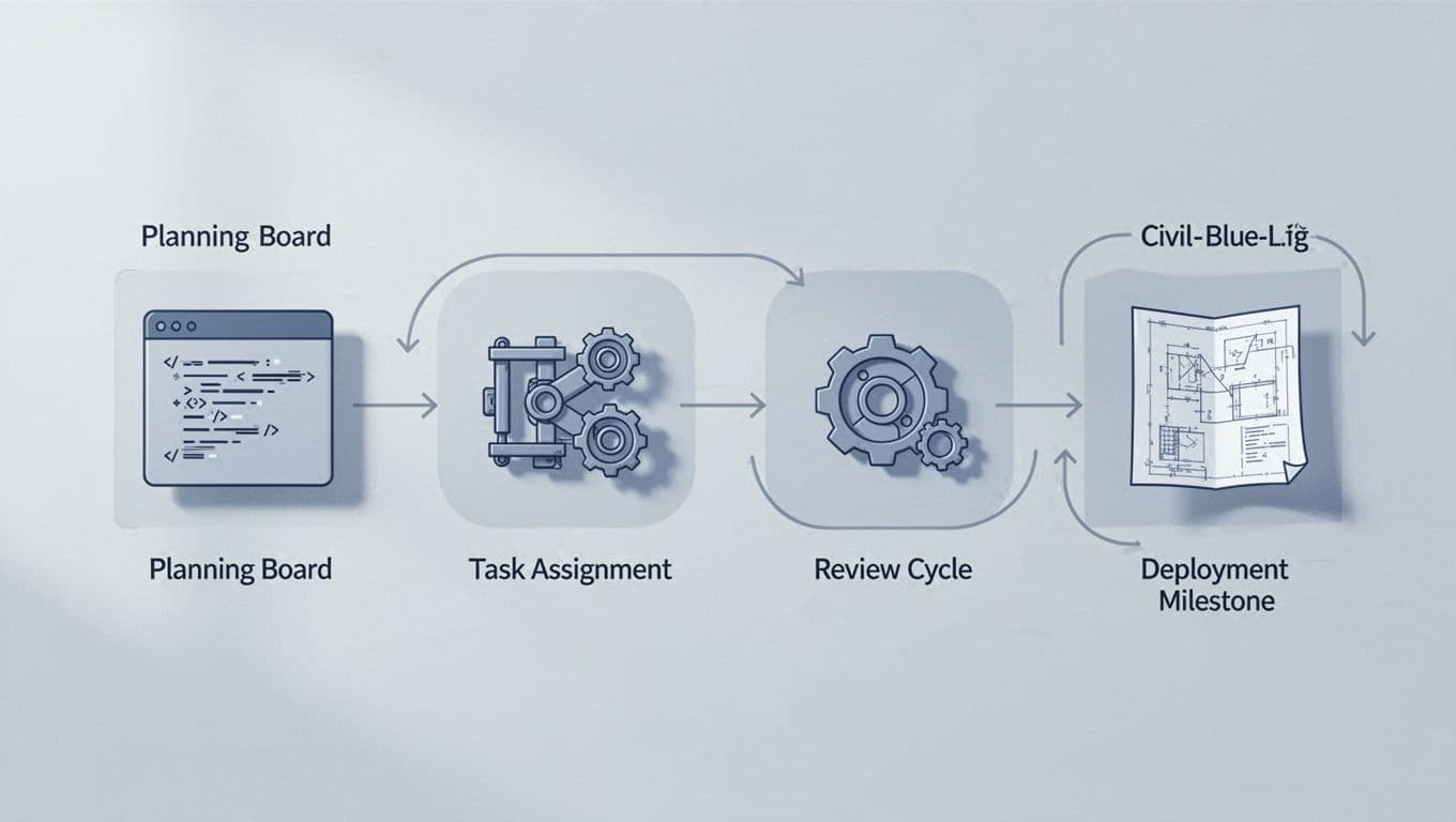 Infographic style illustration of engineering project phases connected by arrows: planning, task assignment, review cycle, and deployment milestone, featuring icons for software code, mechanical parts, and civil blueprints in clean vector art.