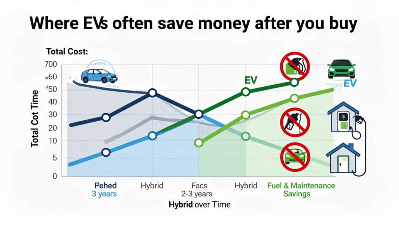 Illustrative line graph comparing total costs of hybrid and EV cars over time, with EV line crossing below hybrid after 2-3 years due to fuel and maintenance savings. Features simple icons of crossed-out gas station for EV and home charger, in clean modern infographic style with bright colors on white background.