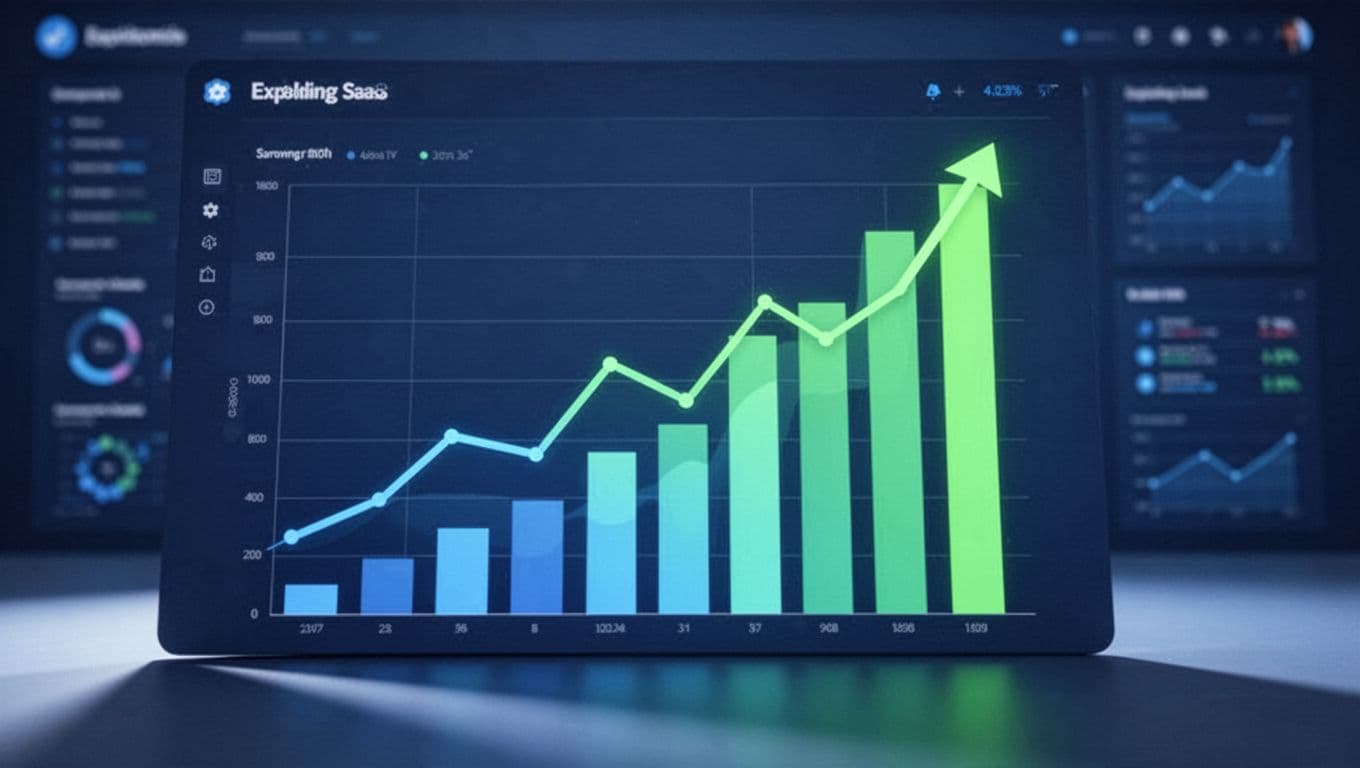 Dynamic upward trending line graph and bar chart showing explosive global SaaS market growth surpassing $400 billion by 2026, with AI categories like security and marketing highlighted in bright blues and greens on a modern digital dashboard.