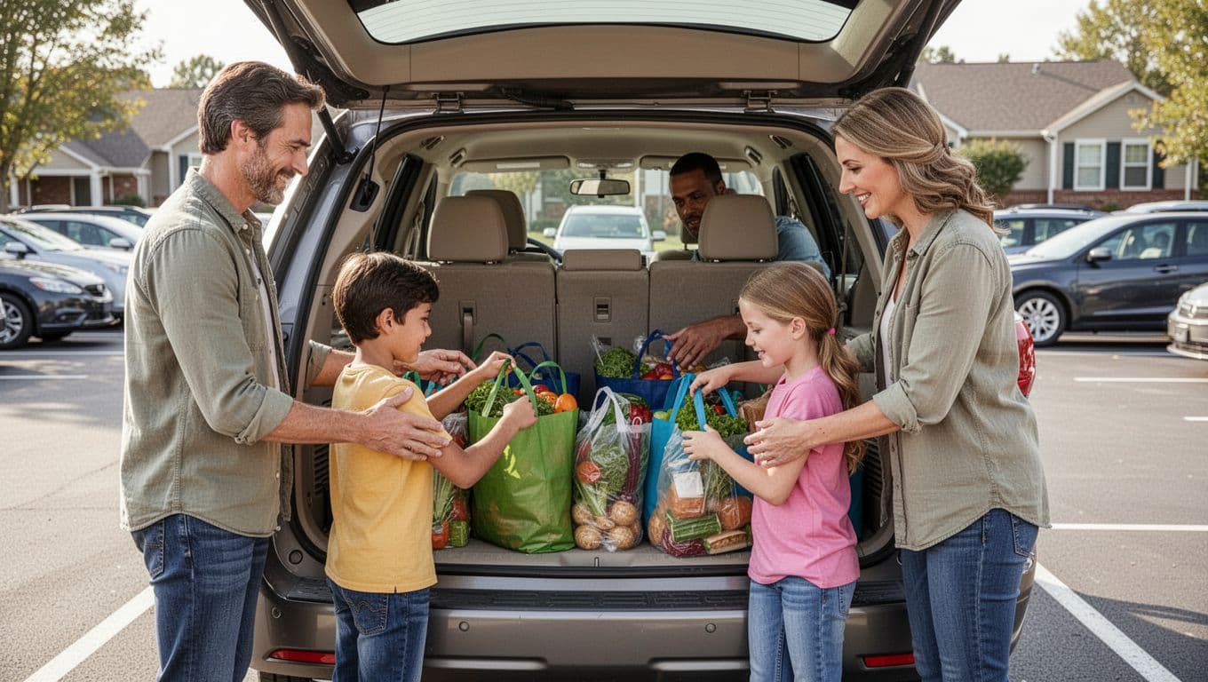 A family of two adults and two children loads groceries into the cargo area of a 2026 Nissan Rogue SUV in a suburban parking lot. Supportive seats are partially folded to showcase practical cargo space and seating flexibility in a realistic daytime photo.
