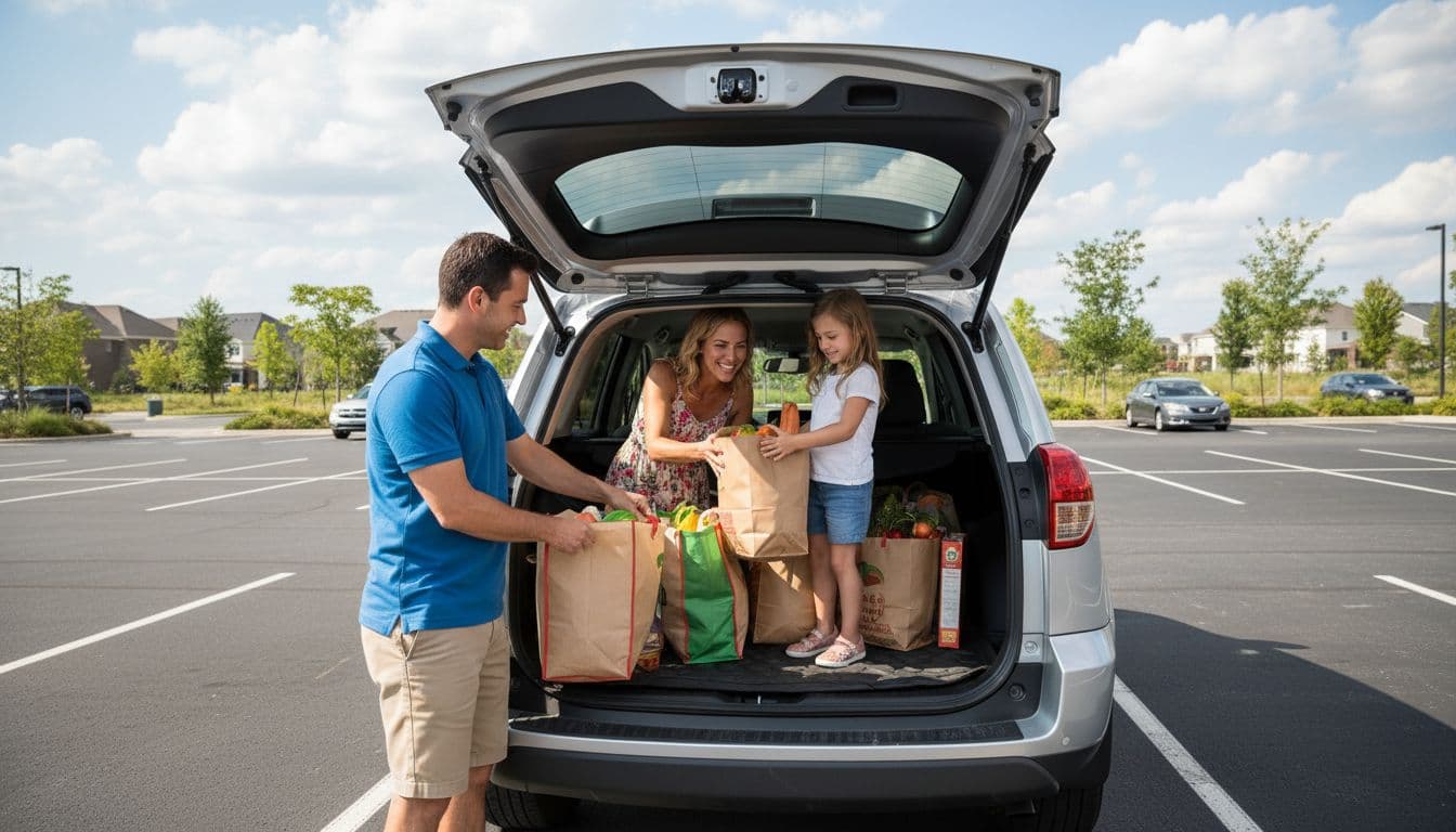 A family of three—two adults and one child—loads groceries into the spacious cargo area of a Toyota RAV4 in a sunny suburban parking lot, demonstrating its practicality for everyday family use.