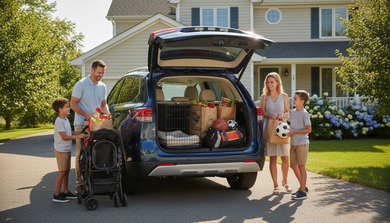 Modern midsize SUV in a suburban driveway with rear hatch open, showing spacious cargo area loaded with groceries, folded stroller, pet kennel, sports gear, and luggage. Two adults and two children stand nearby, easily accessing items under sunny afternoon light.