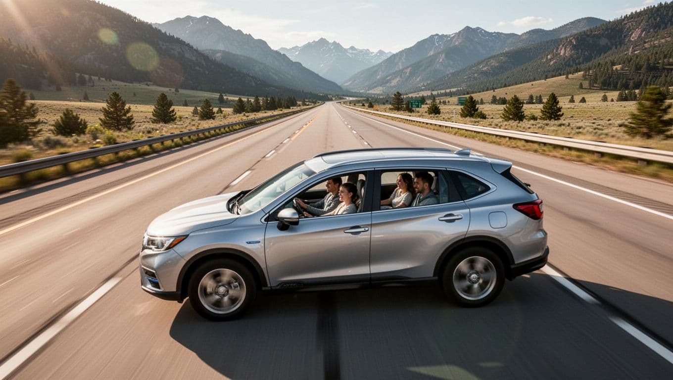 A family of four in a silver hybrid SUV drives relaxed and happy on an empty interstate highway through scenic US countryside mountains, captured in a dynamic aerial side-angle photorealistic view with sunny natural lighting.