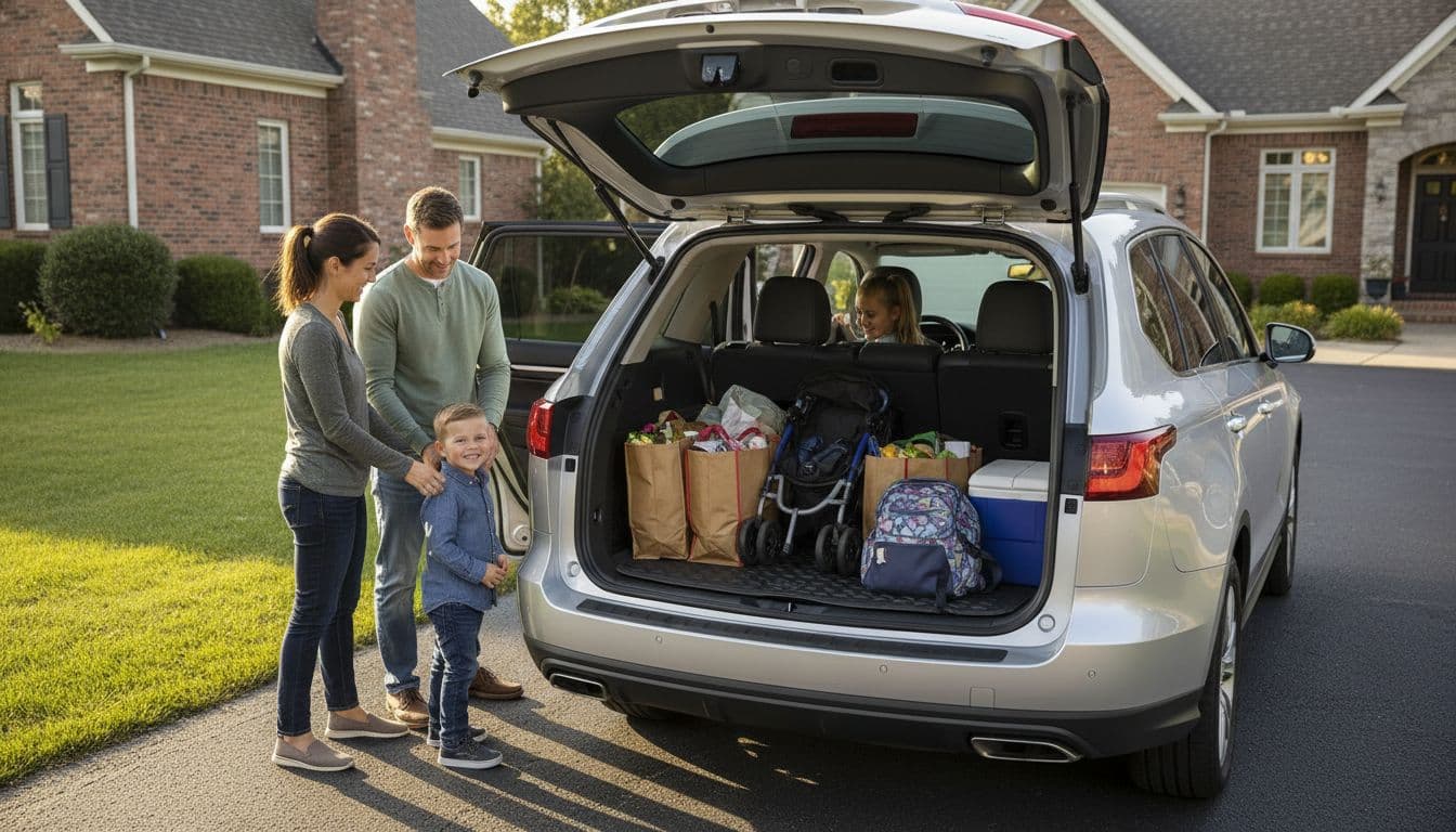Modern family SUV with rear hatch open in a suburban driveway, displaying spacious enclosed cargo area loaded with groceries, strollers, and bags. Two adults and two children nearby easily access the interior under sunny afternoon light.