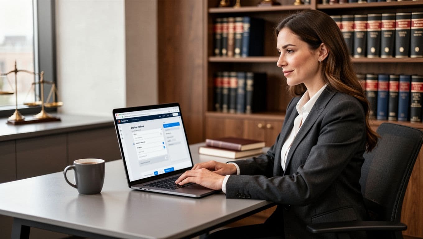 A solo female attorney in business attire sits at a modern desk in a law office, editing her firm's website on a laptop with a blurred drag-and-drop interface, coffee mug nearby, bookshelf with law books, and soft office lighting.